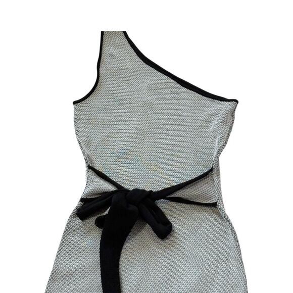 C/MEO Gray Mesh Cocktail Dress - One Shoulder w/ Bow Accent - Size Medium - Midi - Picture 8 of 13
